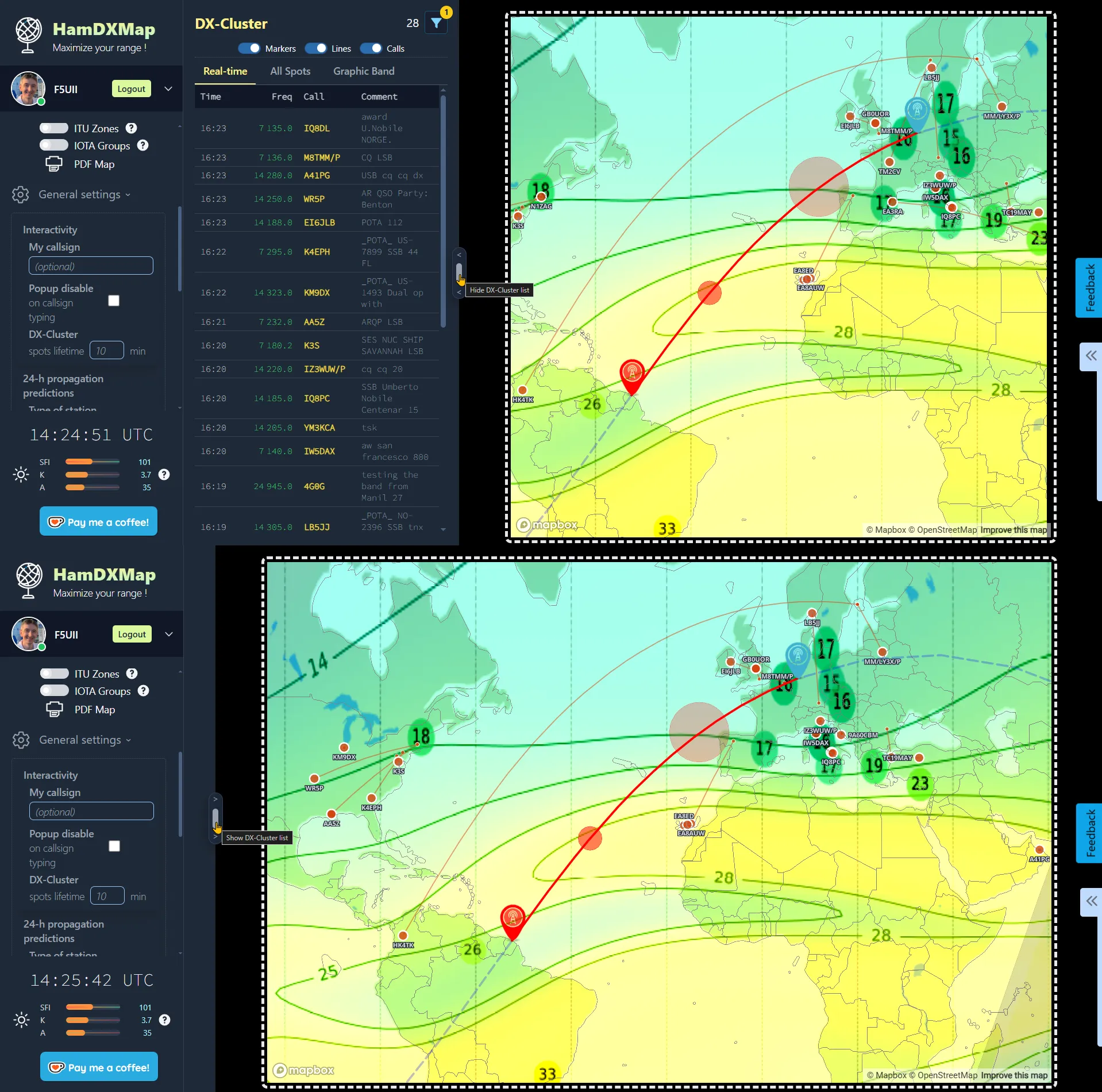 Panneau DX-Cluster ouvert avec son chevron d'escamotage