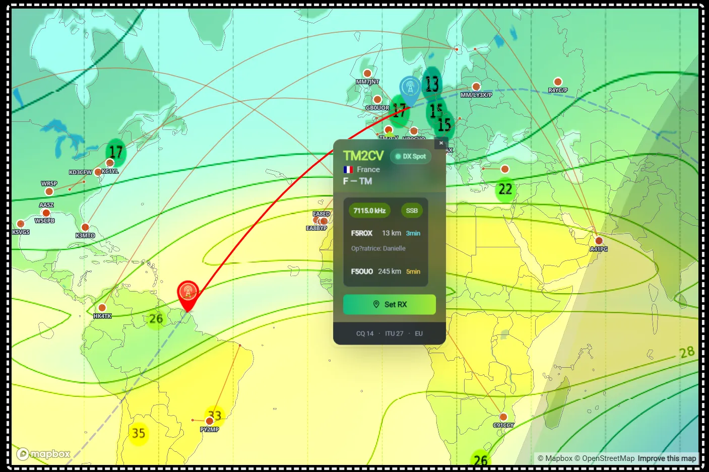 Spots répartis géographiquement avec lignes spotter→spot et popup ouvert
