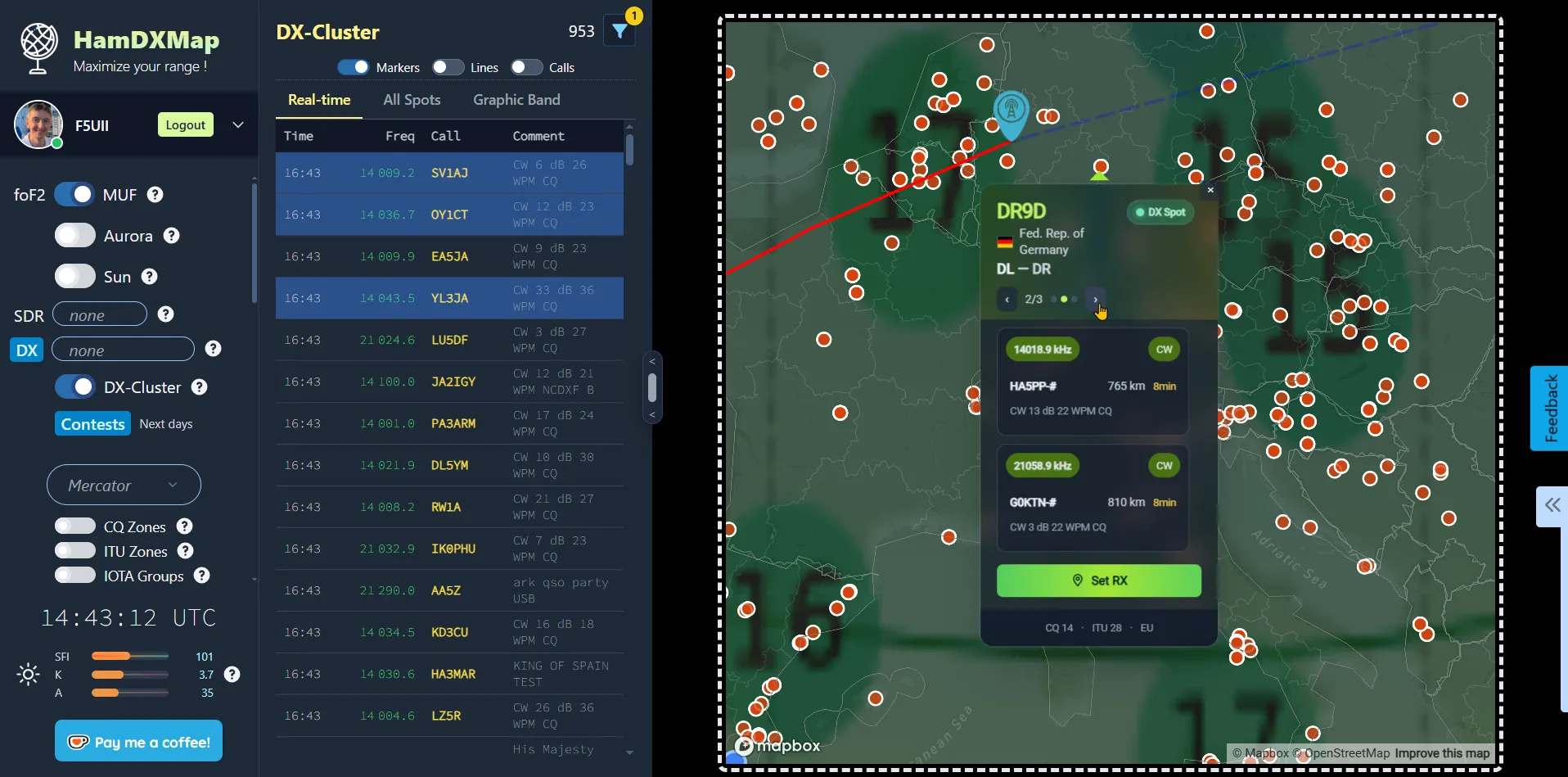 Popup avec flèches de navigation entre plusieurs indicatifs spottés au même endroit