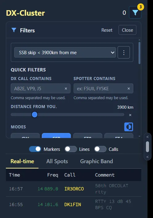 Sélecteur des 3 presets de filtres et indicateur du nombre de critères actifs