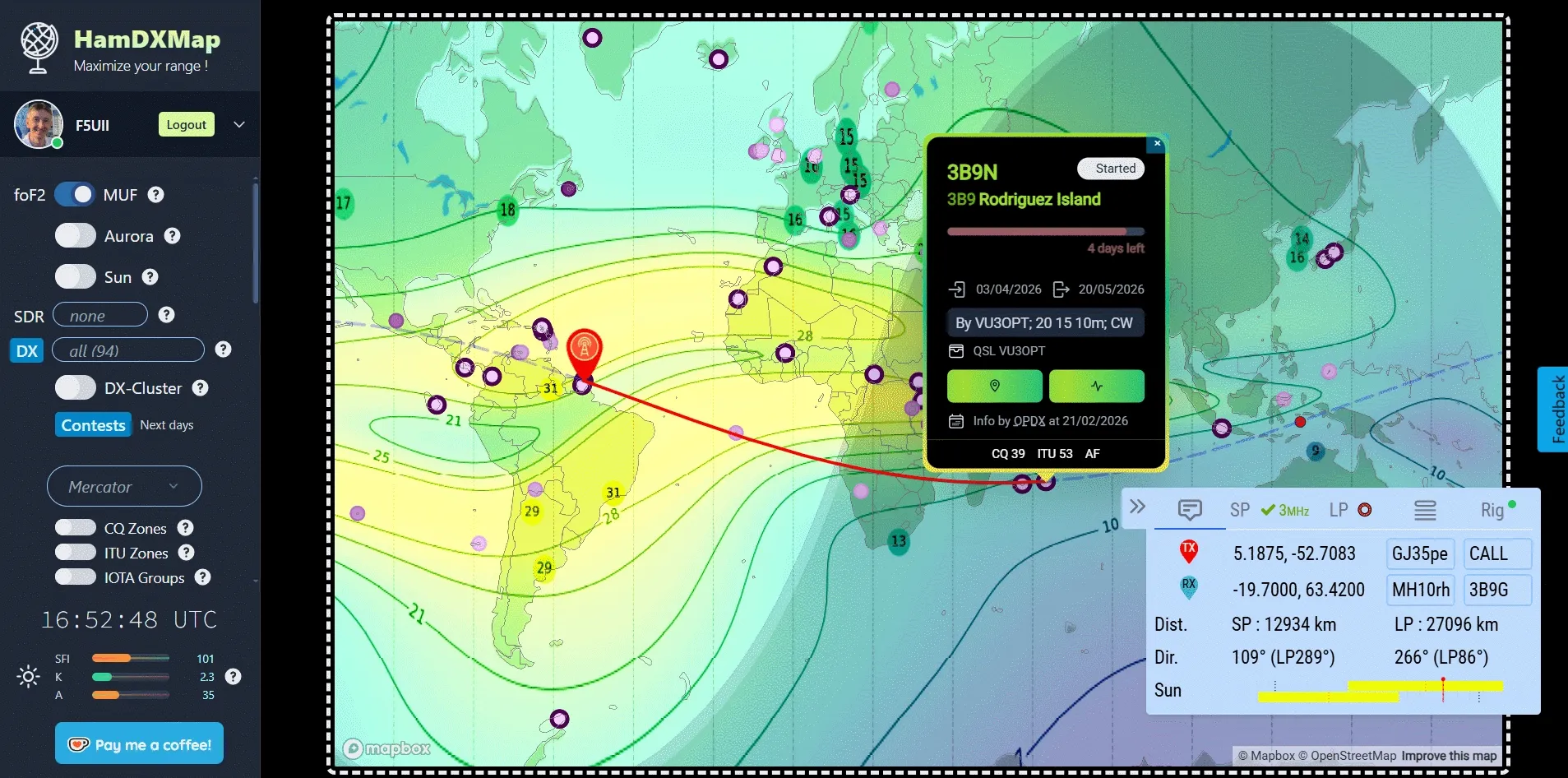 Popup DXpedition ouvert sur la carte avec dates, QSL, source et boutons d'action