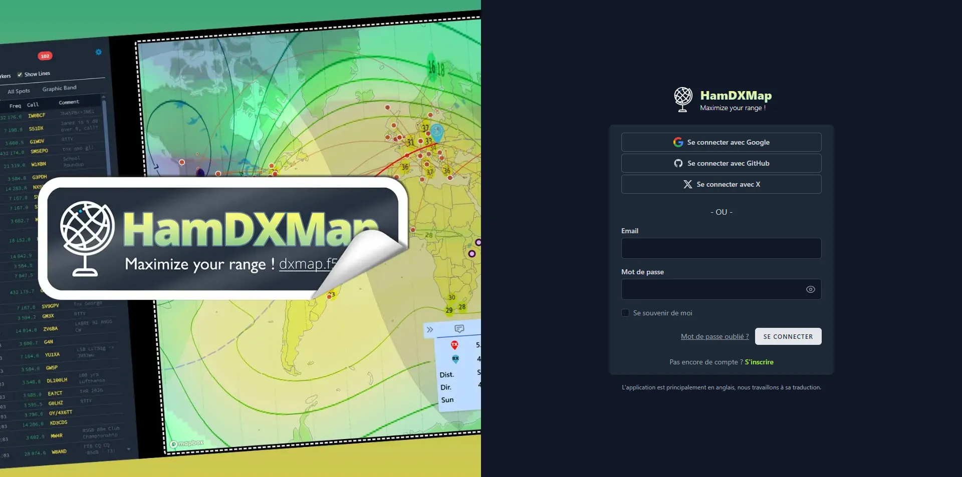 Page de connexion avec champs email/mdp et boutons GitHub / X