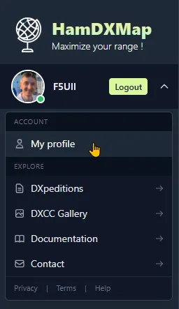 Menu déroulant profil (Account, Explore, Legal)