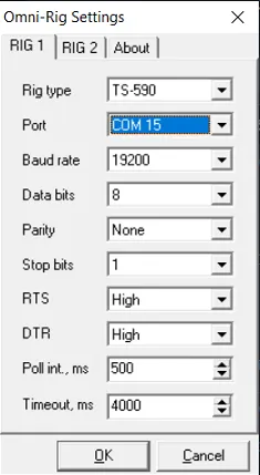 OmniRig — paramètres port COM (baud rate, data bits, stop bits, RTS, DTR)