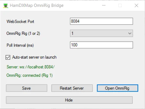 Fenêtre de configuration HOB — port WebSocket, Rig, poll interval, statut