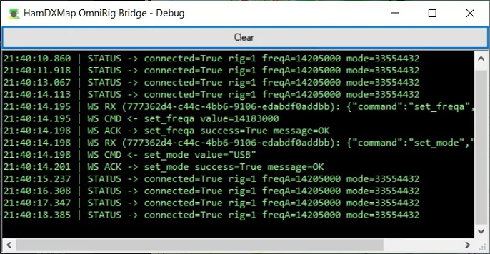 Fenêtre Debug HOB — logs de connexion en temps réel