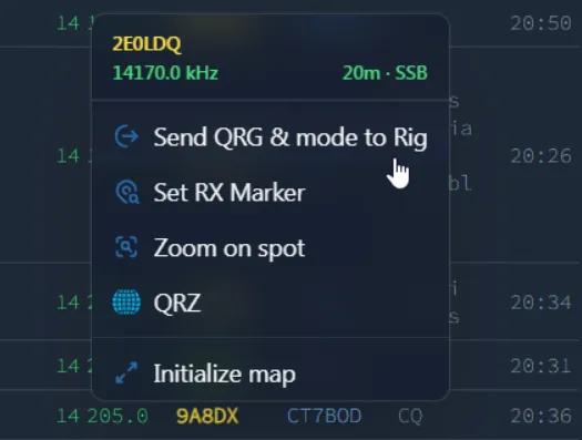 Clic sur la fréquence dans la liste DX-Cluster — envoi au TRX