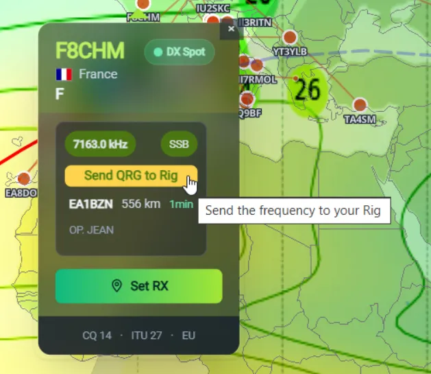 Clic sur la fréquence dans le popup — envoi au TRX