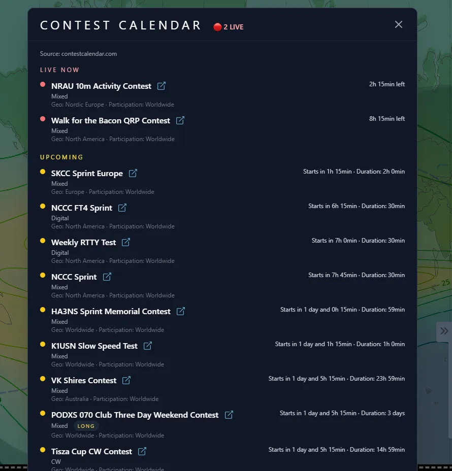 Modale Contest Calendar — contests en cours et à venir
