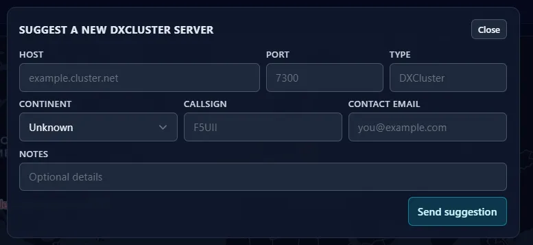Formulaire de suggestion d'un serveur DX-Cluster