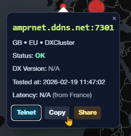 Popup de détail d'un serveur DX-Cluster — adresse, port, boutons Copy et Telnet