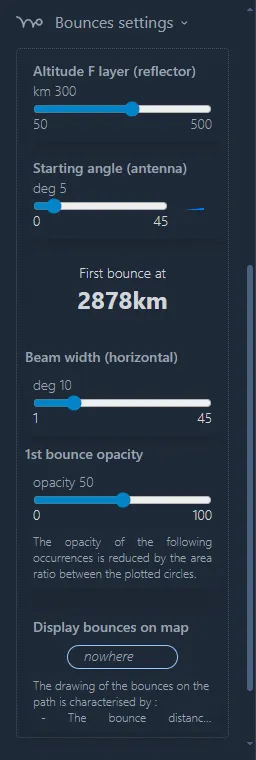 Panneau Bounces Settings — configuration du simulateur de rebonds