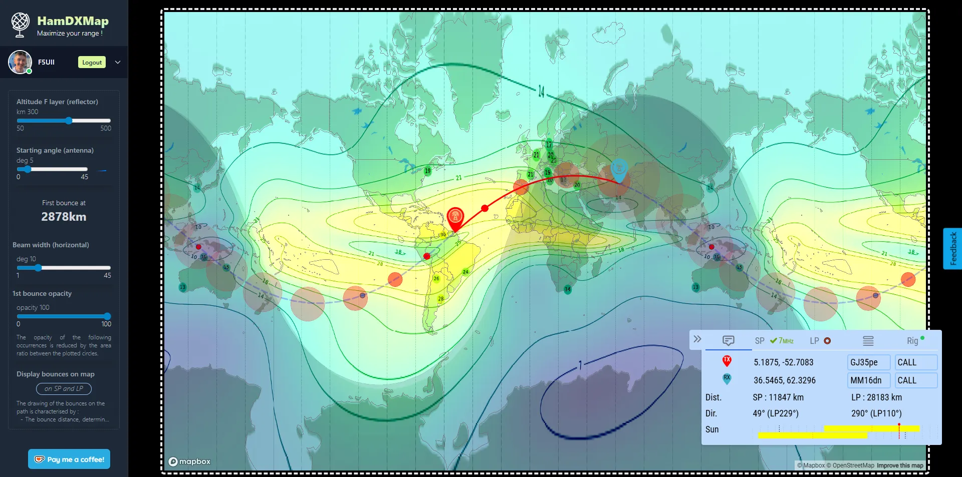 Cercles de rebonds skips sur la carte autour du marqueur TX