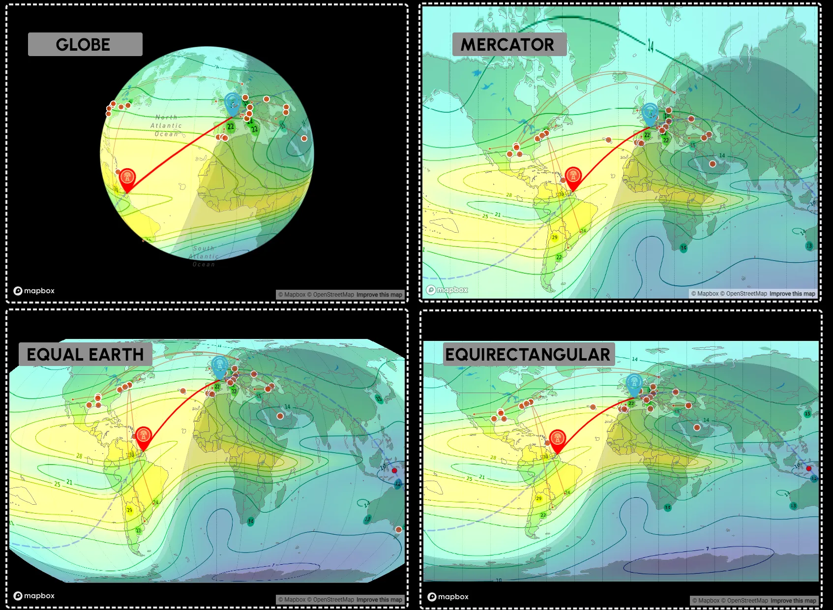 Comparaison visuelle des projections Globe, Mercator, Equal Earth, Equirectangular