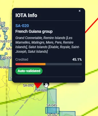 Popup d'une zone IOTA — référence, îles du groupe, pourcentage d'activité et mode de validation